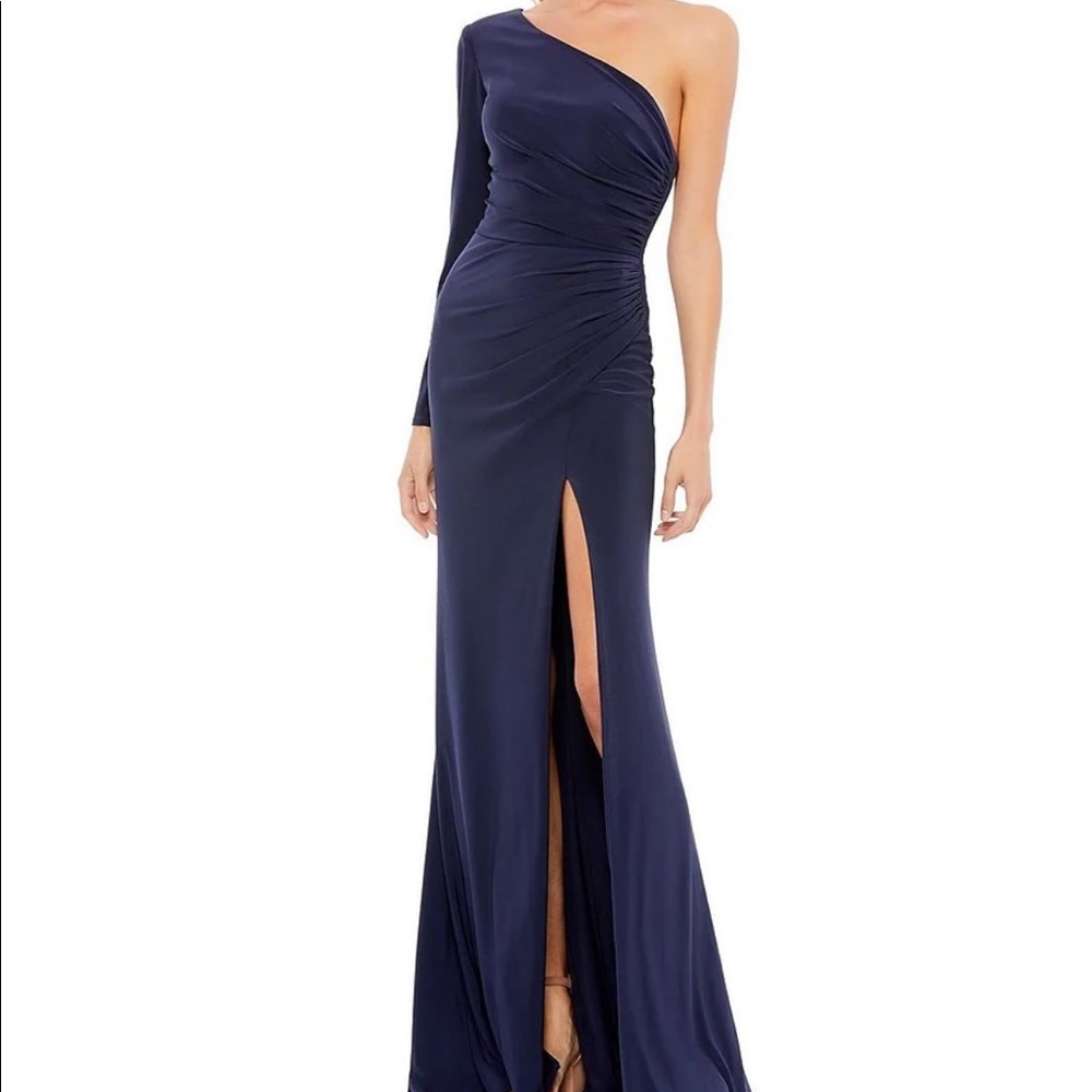 Ieena for Mac Duggal Stretch Jersey One Shoulder Long Sleeve Ruched Waist Gown